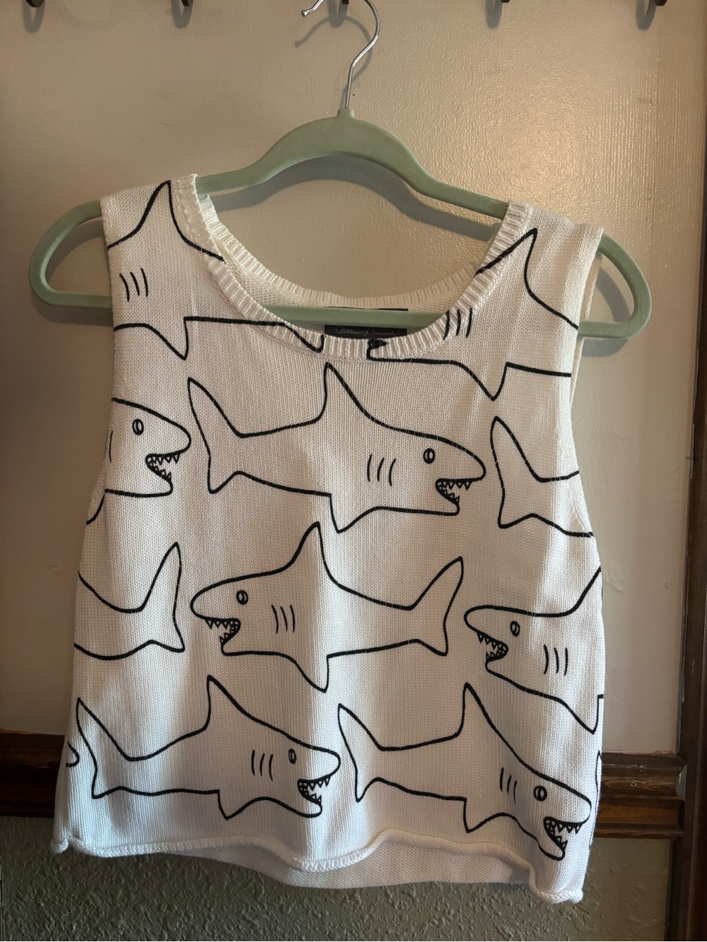 PJK Patterson J. Kincaid White Sweater Tank with Black Shark Print